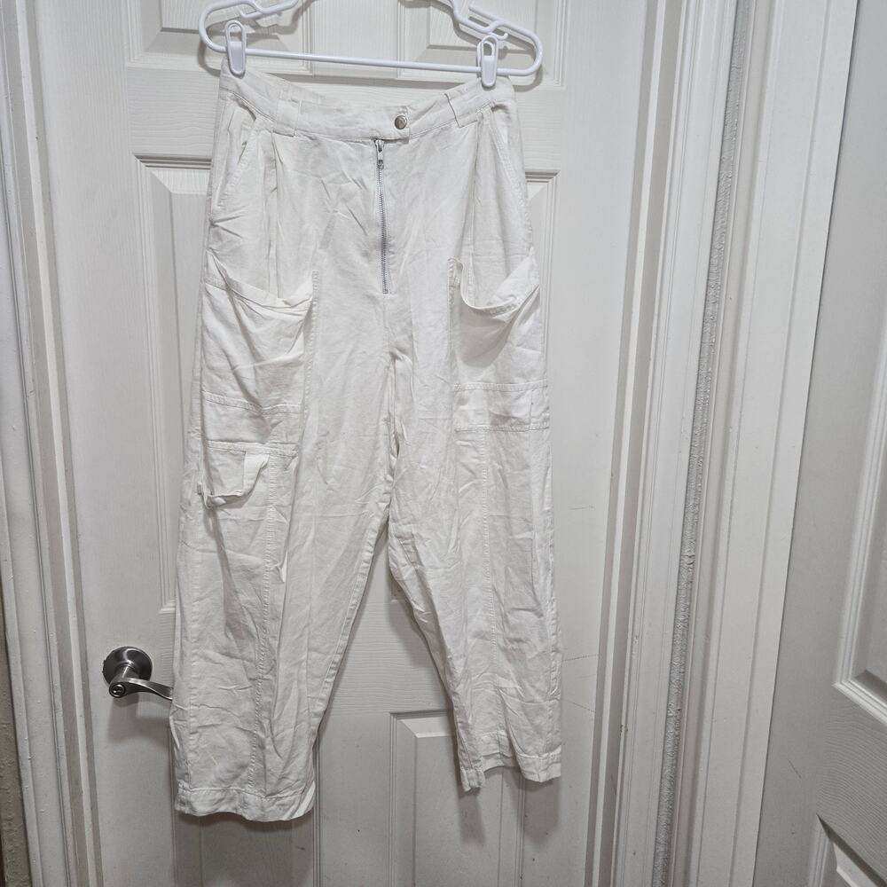 White Linen Cargo Pants Cropped Utility – Size 12 - Picture 10 of 14